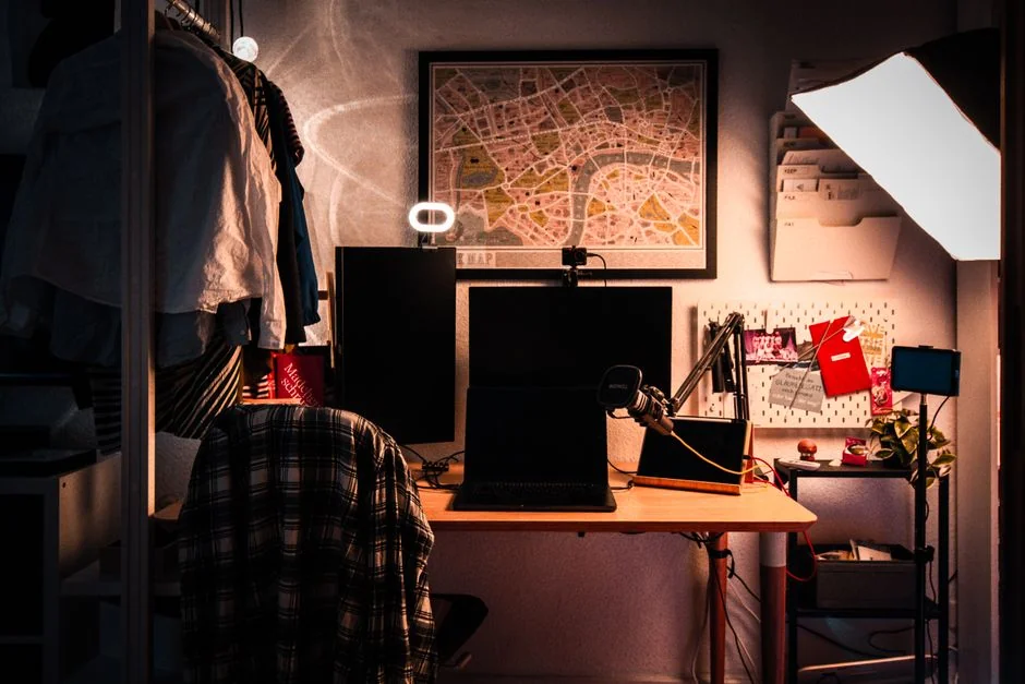 A contemporary workspace showcasing a laptop, tablet, and smartphones, ideal for tech and freelance use.